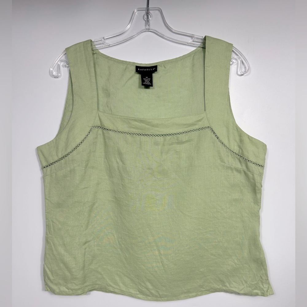 Rafaela 100% Linen Top Blouse Size 14 Sage Green Sleeveless Embroidered